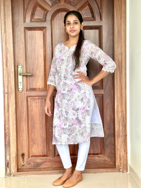 Lavender Floral Linen Cotton Kurta