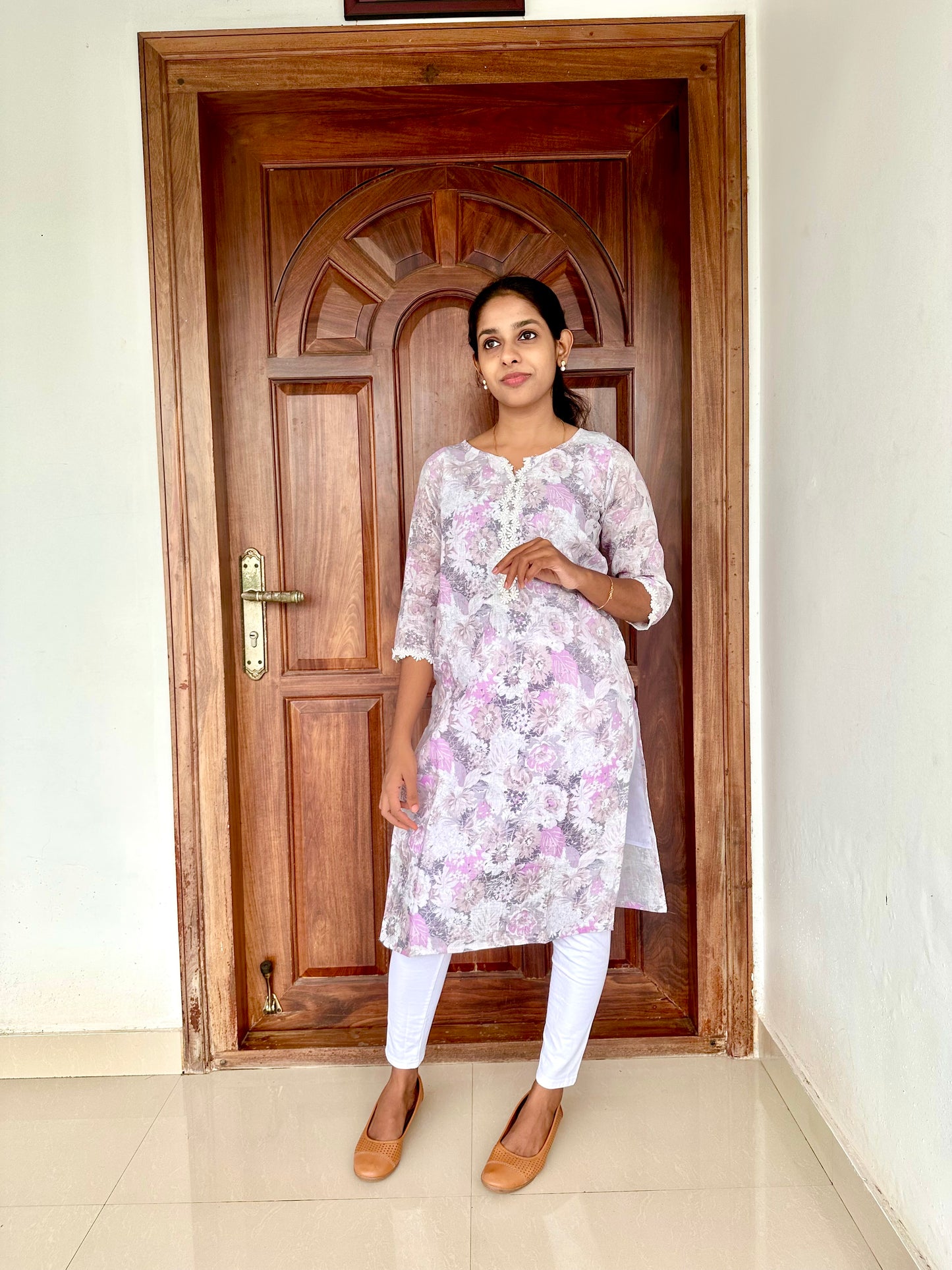 Lavender Floral Linen Cotton Kurta