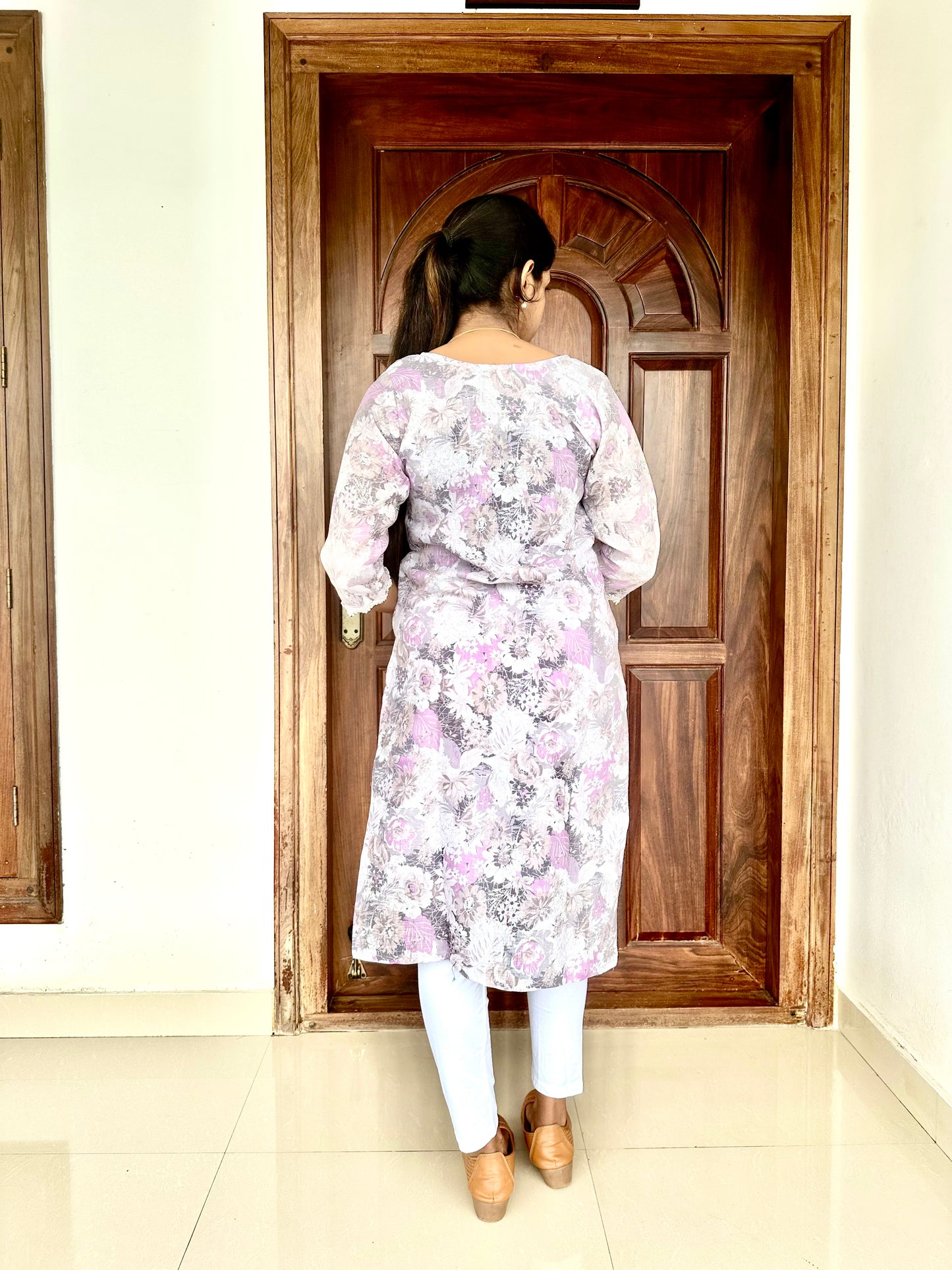 Lavender Floral Linen Cotton Kurta