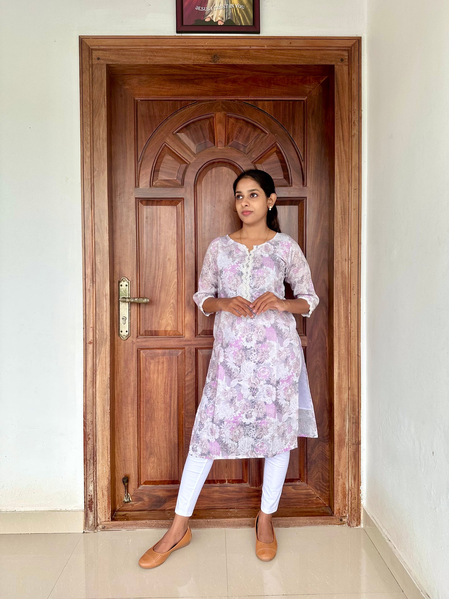 Lavender Floral Linen Cotton Kurta