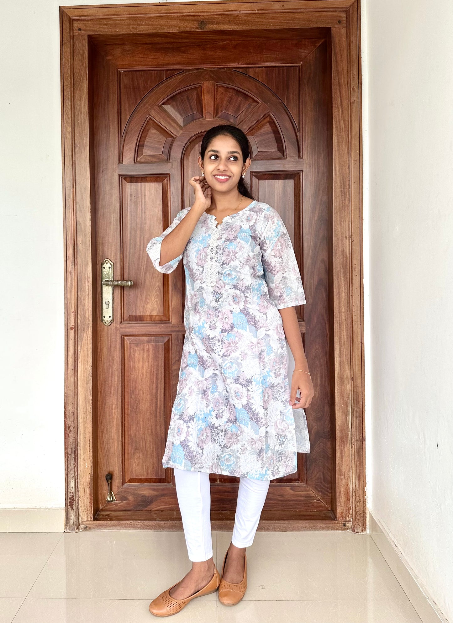 Blue Floral Linen Cotton Kurta