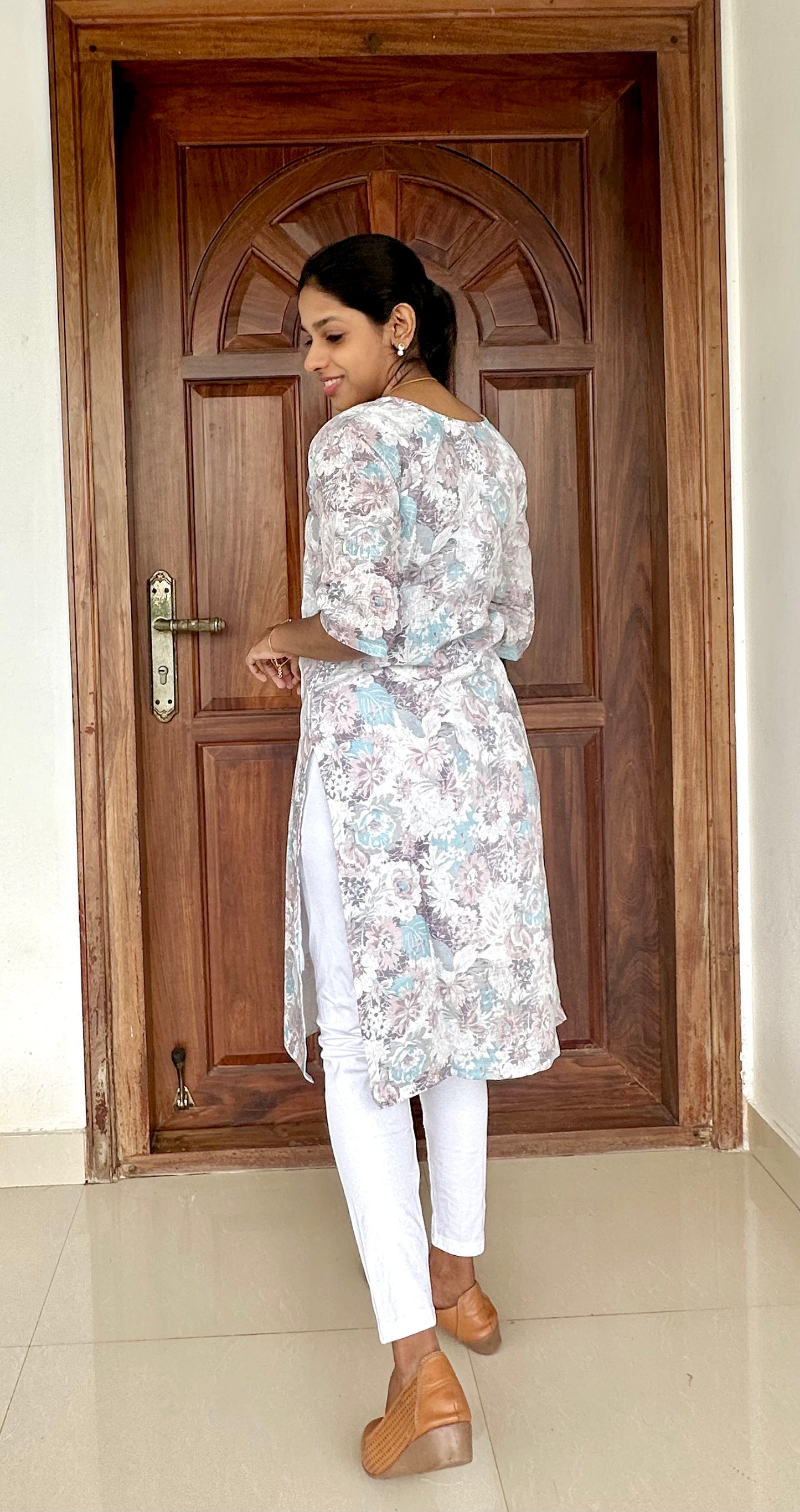 Blue Floral Linen Cotton Kurta