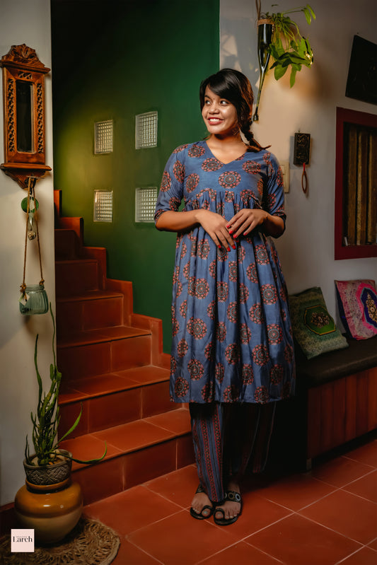 Muslin Ajrak blue Womens Kurta Set | Larch Fashion Brand