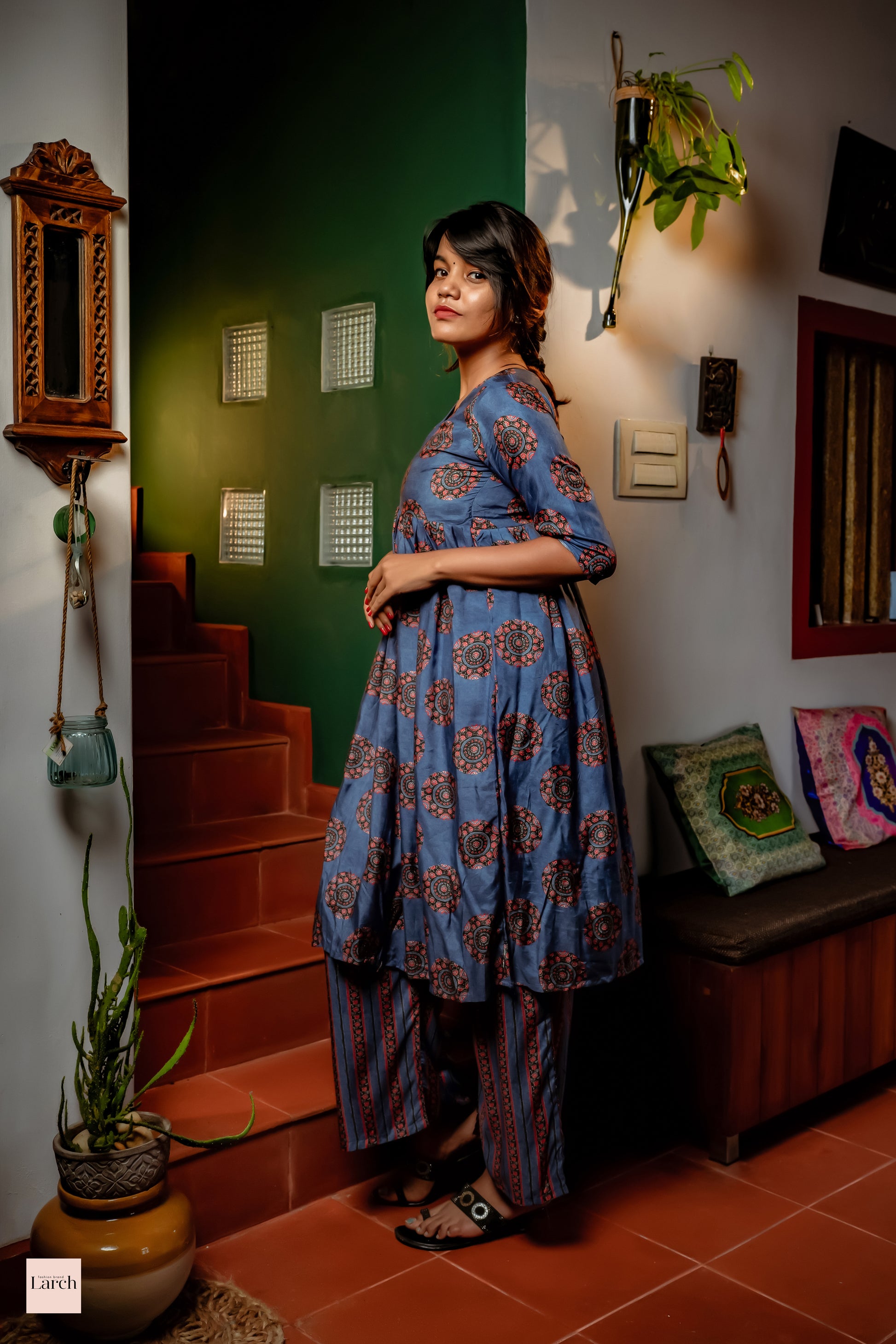 Muslin Ajrak blue Womens Kurta Set | Larch Fashion Brand