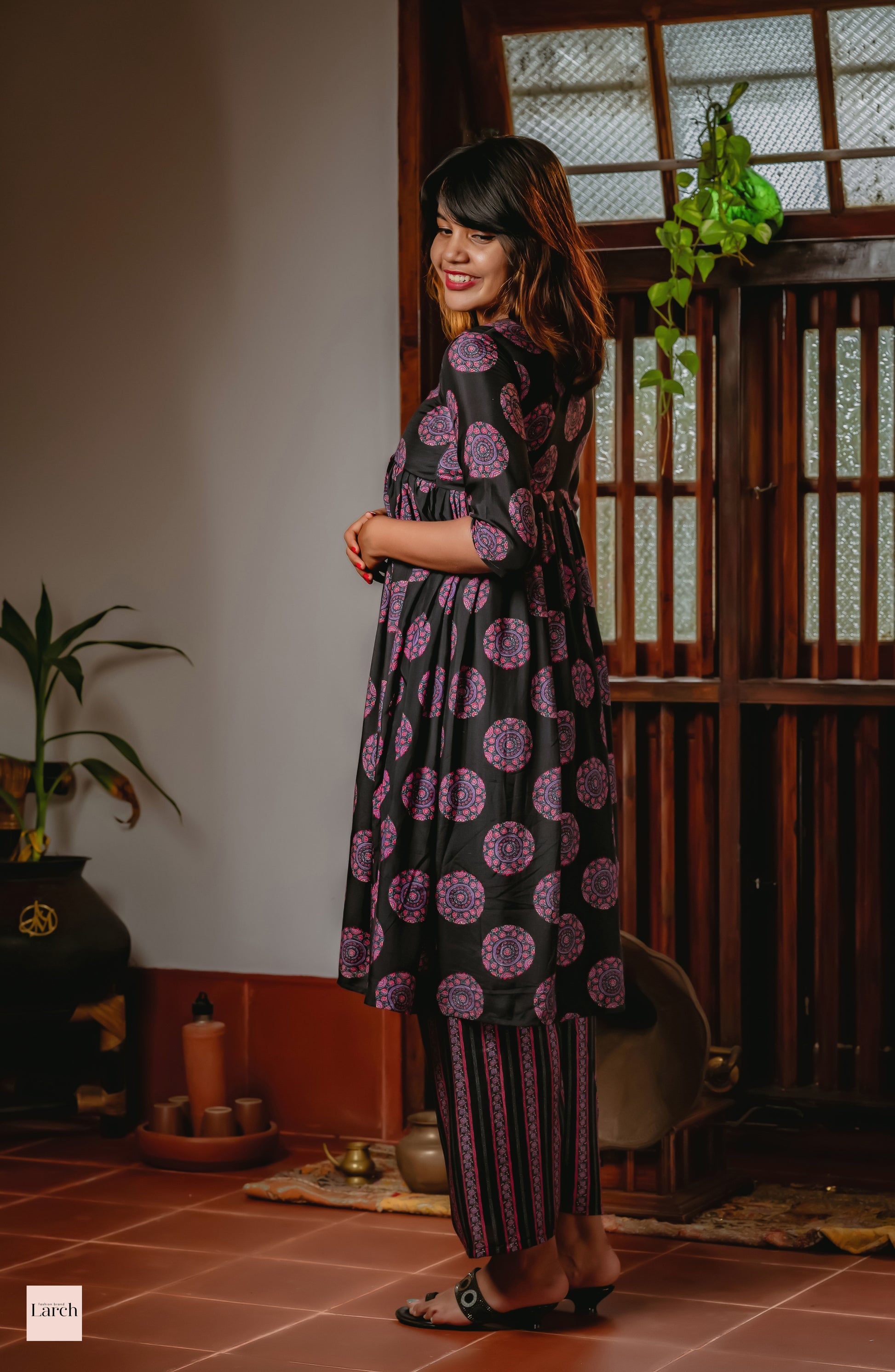 Muslin Ajrak Black Womens Kurta Set | Larch Fashion Brand