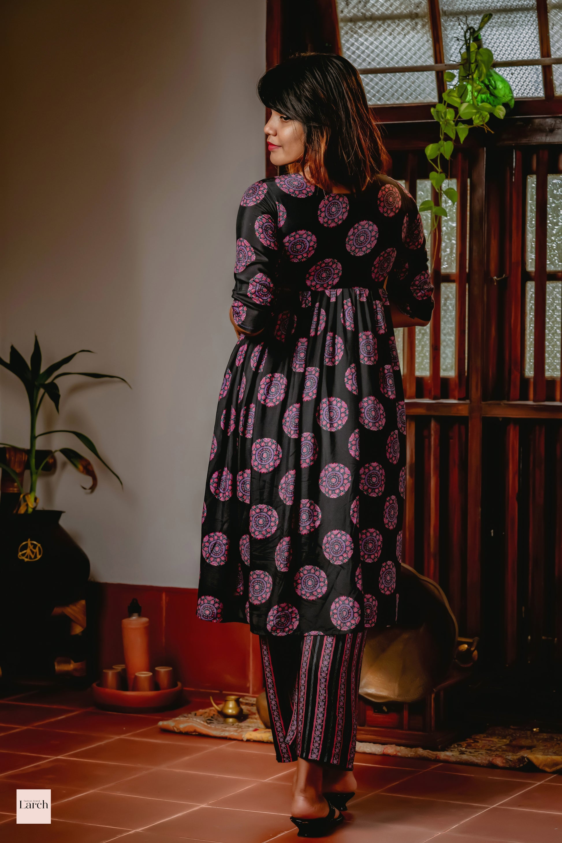 Muslin Ajrak Black Womens Kurta Set | Larch Fashion Brand