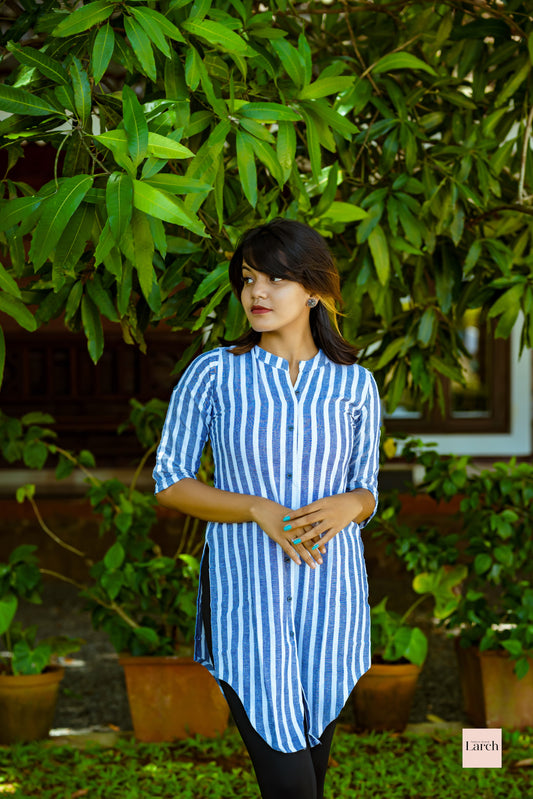 Blue and White Linen Cotton Short Kurta | Larch Fashion Brand