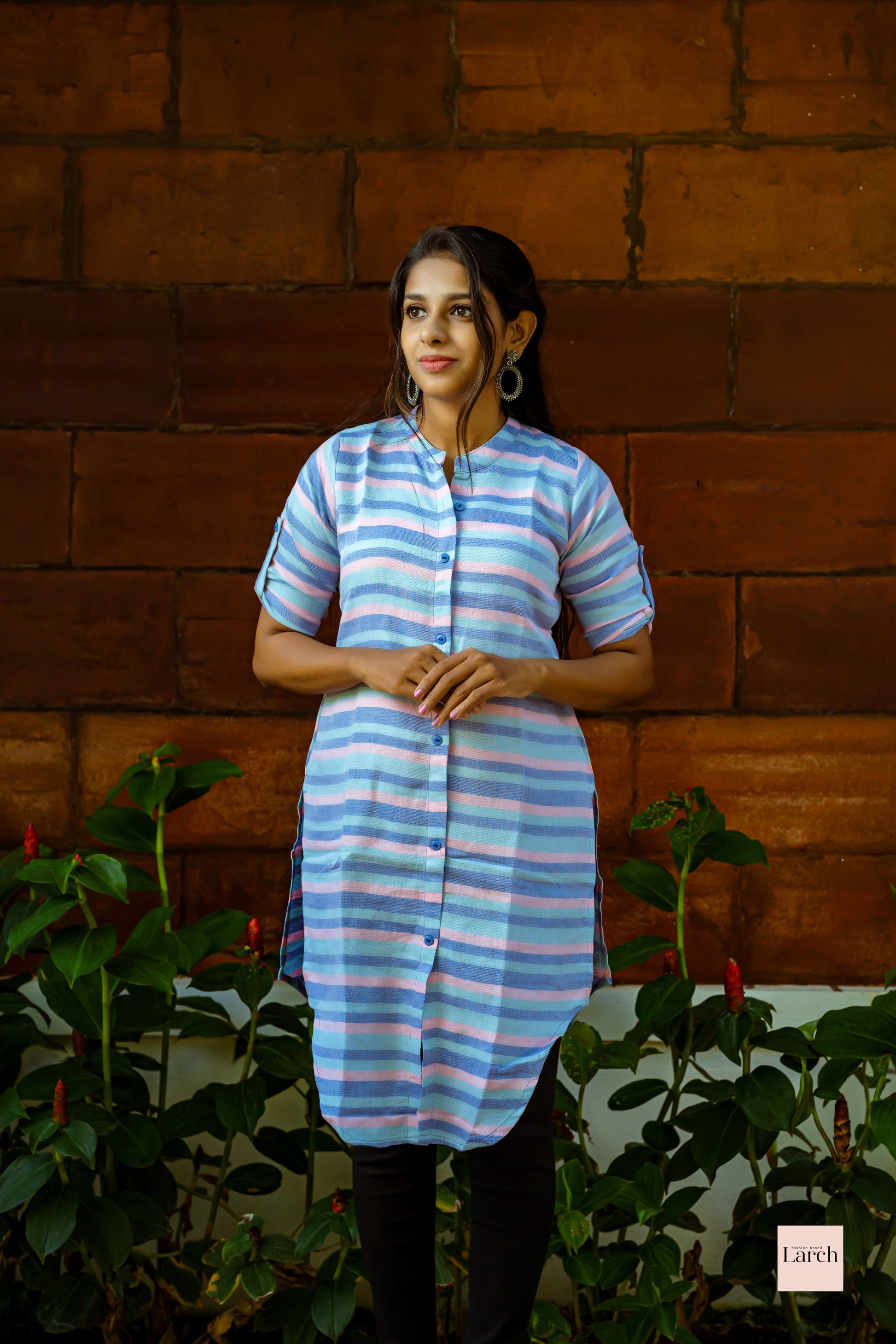 Pink and Blue Linen Cotton Short kurta | Larch Fashion Brand