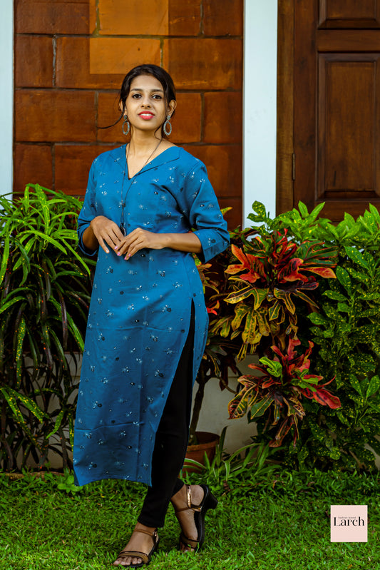 Blue Linen Cotton Straight Kurta | Larch Fashion Brand