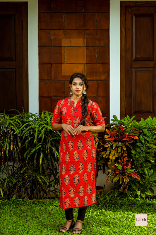 Esa Ajrak Red Pure Cotton Womens Kurta | Larch Fashion Brand